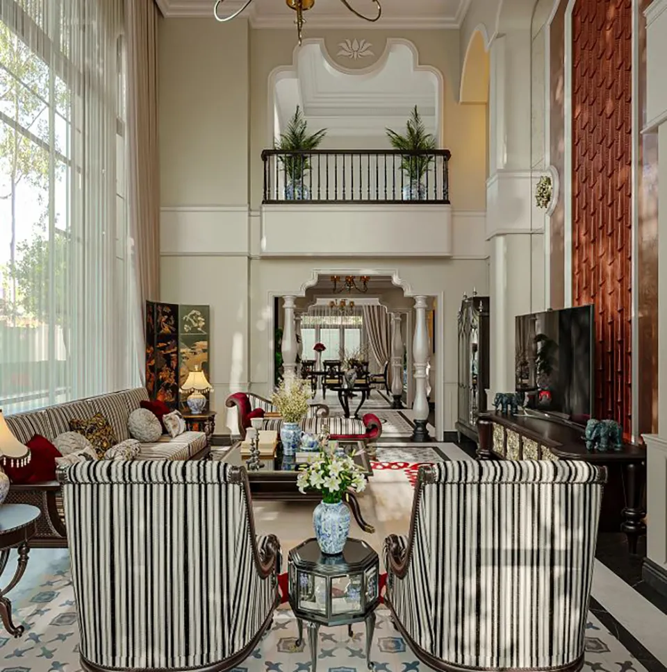 Bảng màu trung tính trong thiết kế nội thất biệt thự Indochine sang trọng