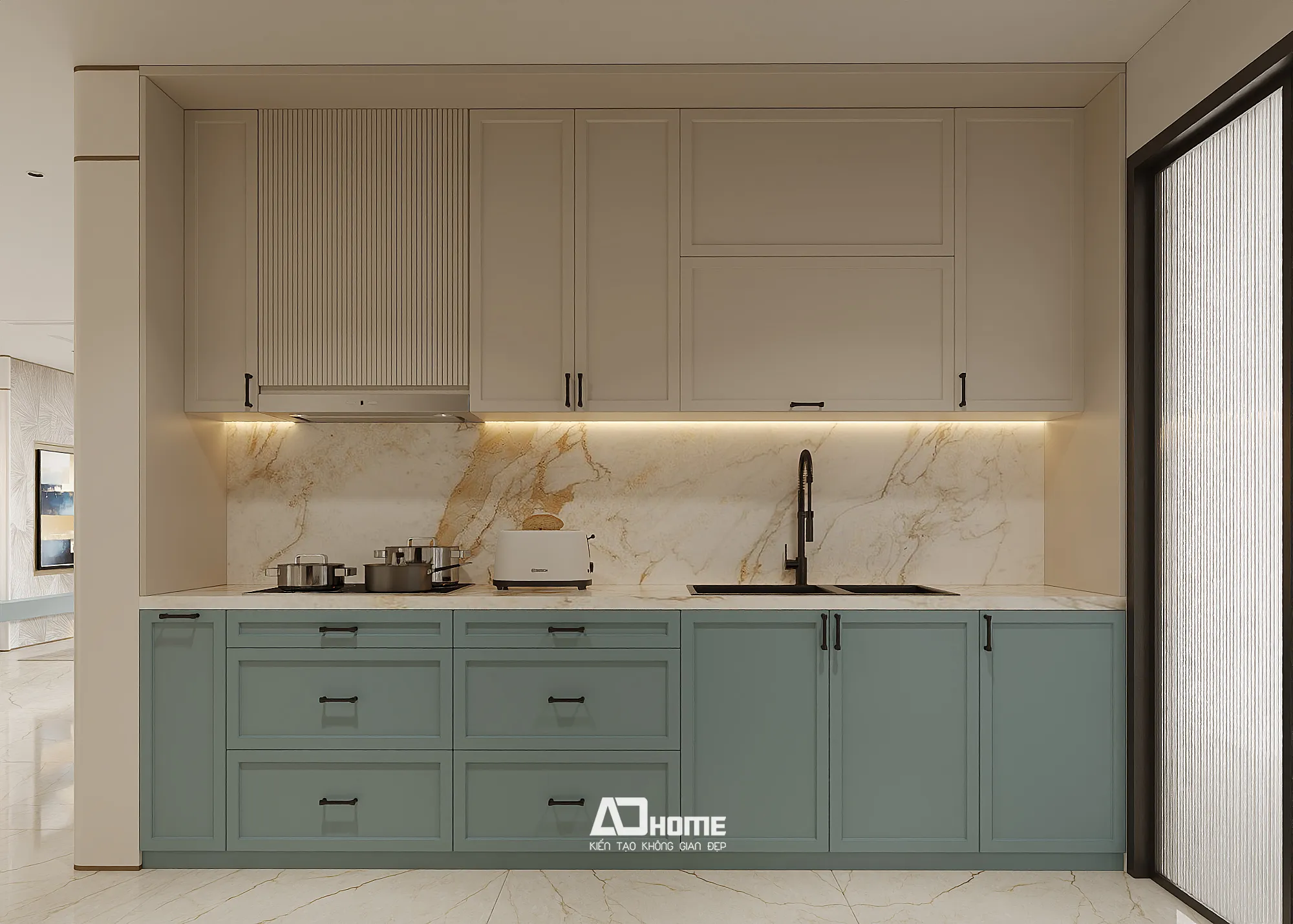 Giá thi công tủ bếp Vinhomes phụ thuộc kích thước hệ tủ, các vật liệu và phụ kiện giảm chấn