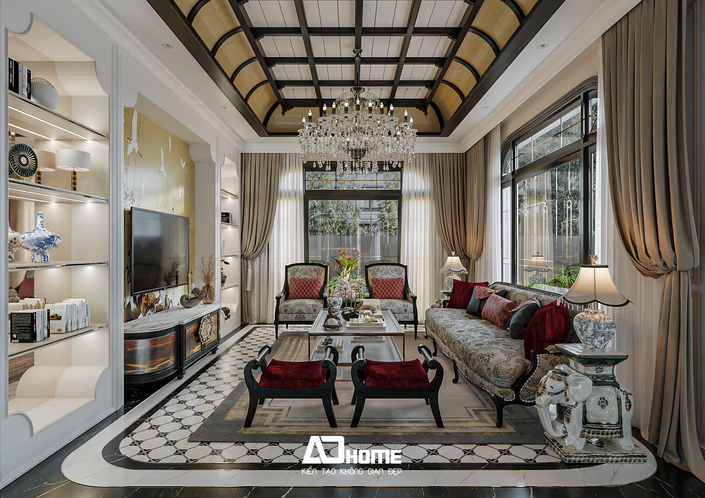 Phòng khách biệt thự indochine sang trọng với sofa gỗ và họa tiết kỷ hà đặc trưng