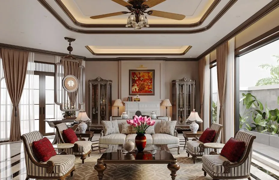 Nội thất biệt thự indochine sang trọng tại Vinhomes phong cách Đông Dương