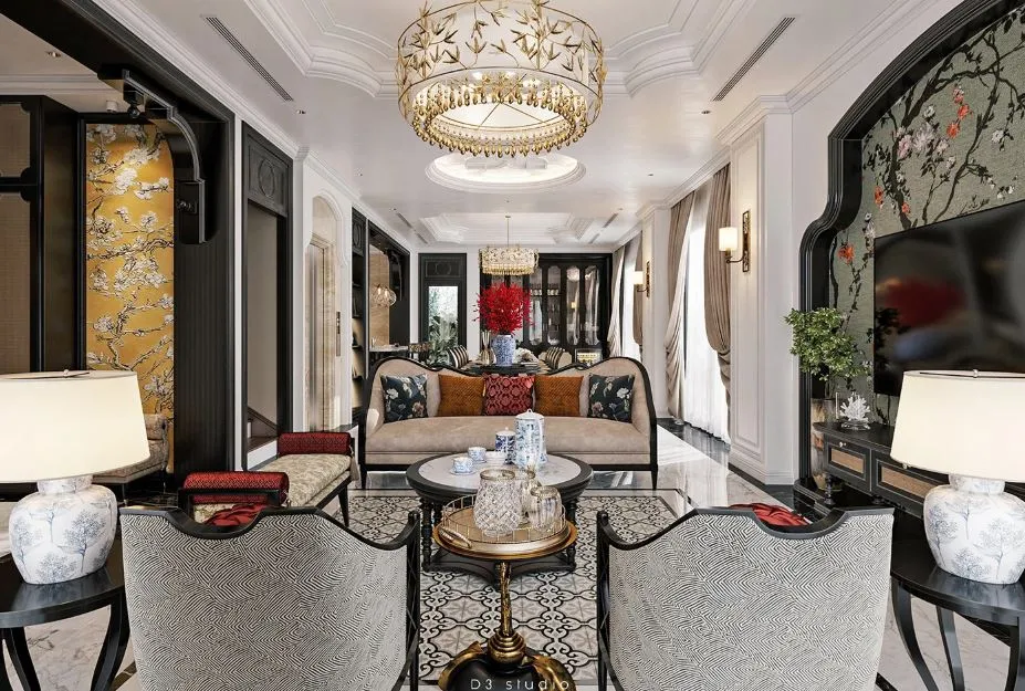 Nội thất biệt thự phong cách indochine tại Vinhomes Cổ Loa với vật liệu tự nhiên