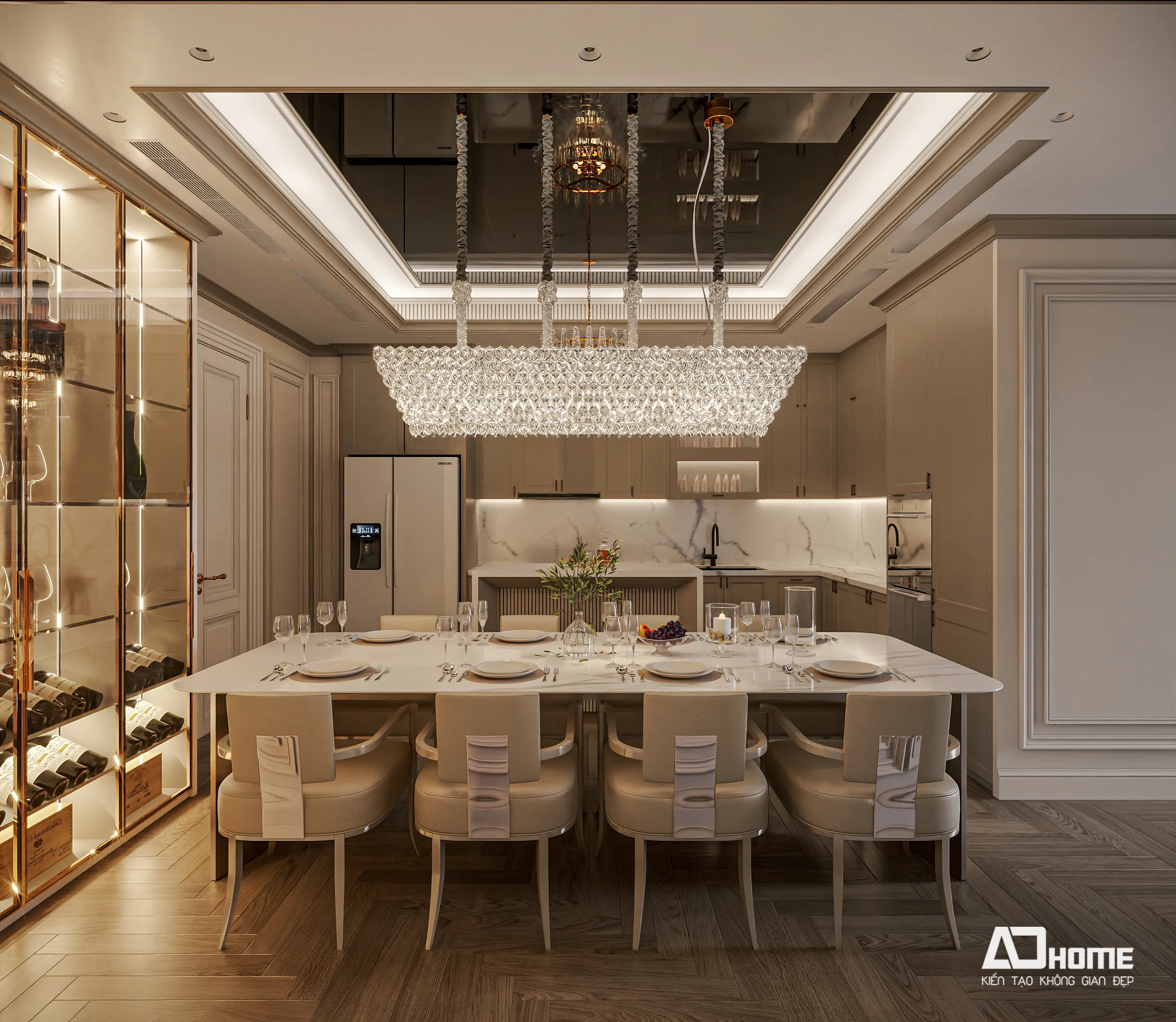 Nội thất liền kề Vinhomes 70m² thiết kế phòng khách liền bếp tiện nghi và thông thoáng