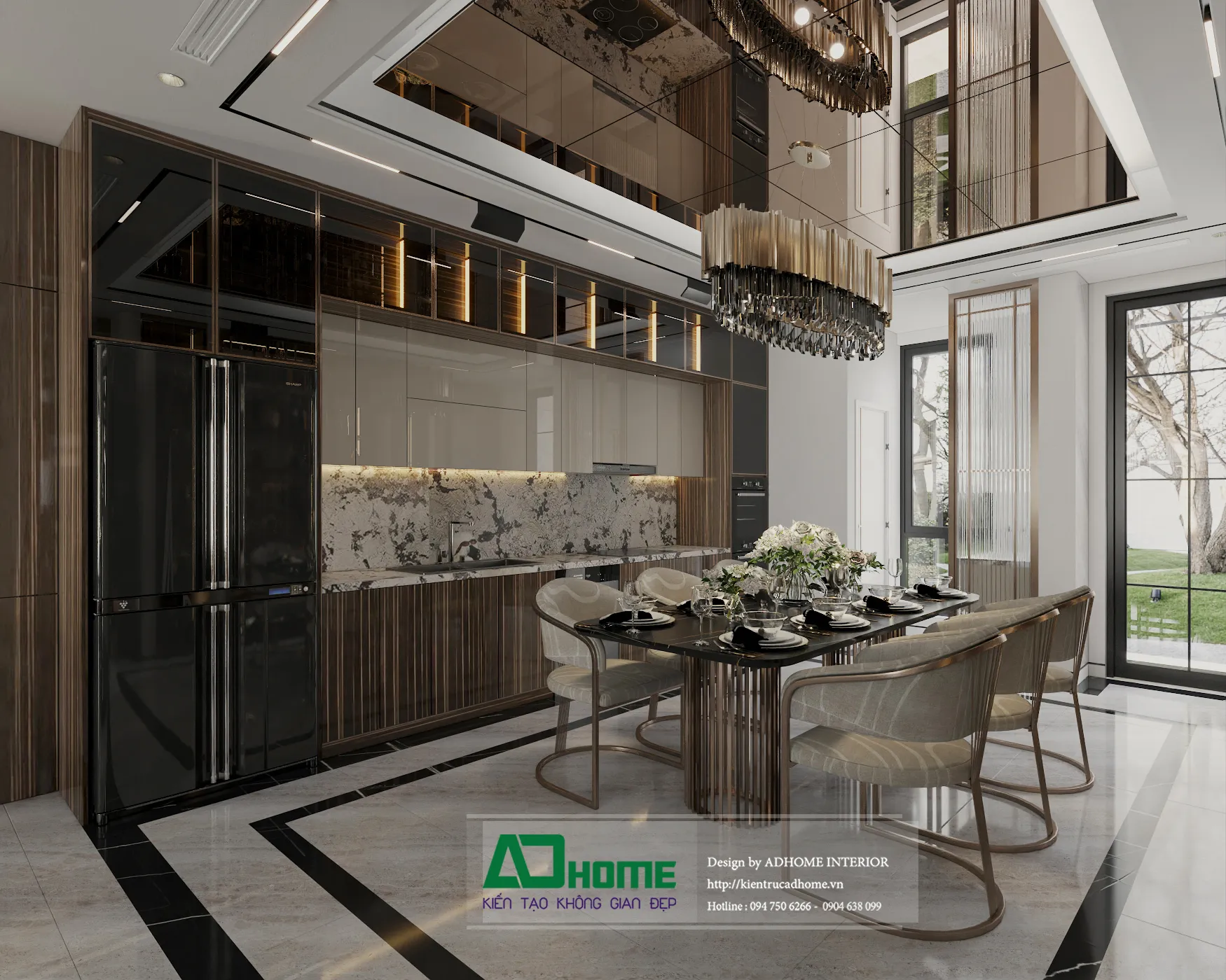 ADHome thiết kế nội thất luxury nhà phố phong cách modern luxury với trần gương và đèn chùm pha lê cao cấp 01