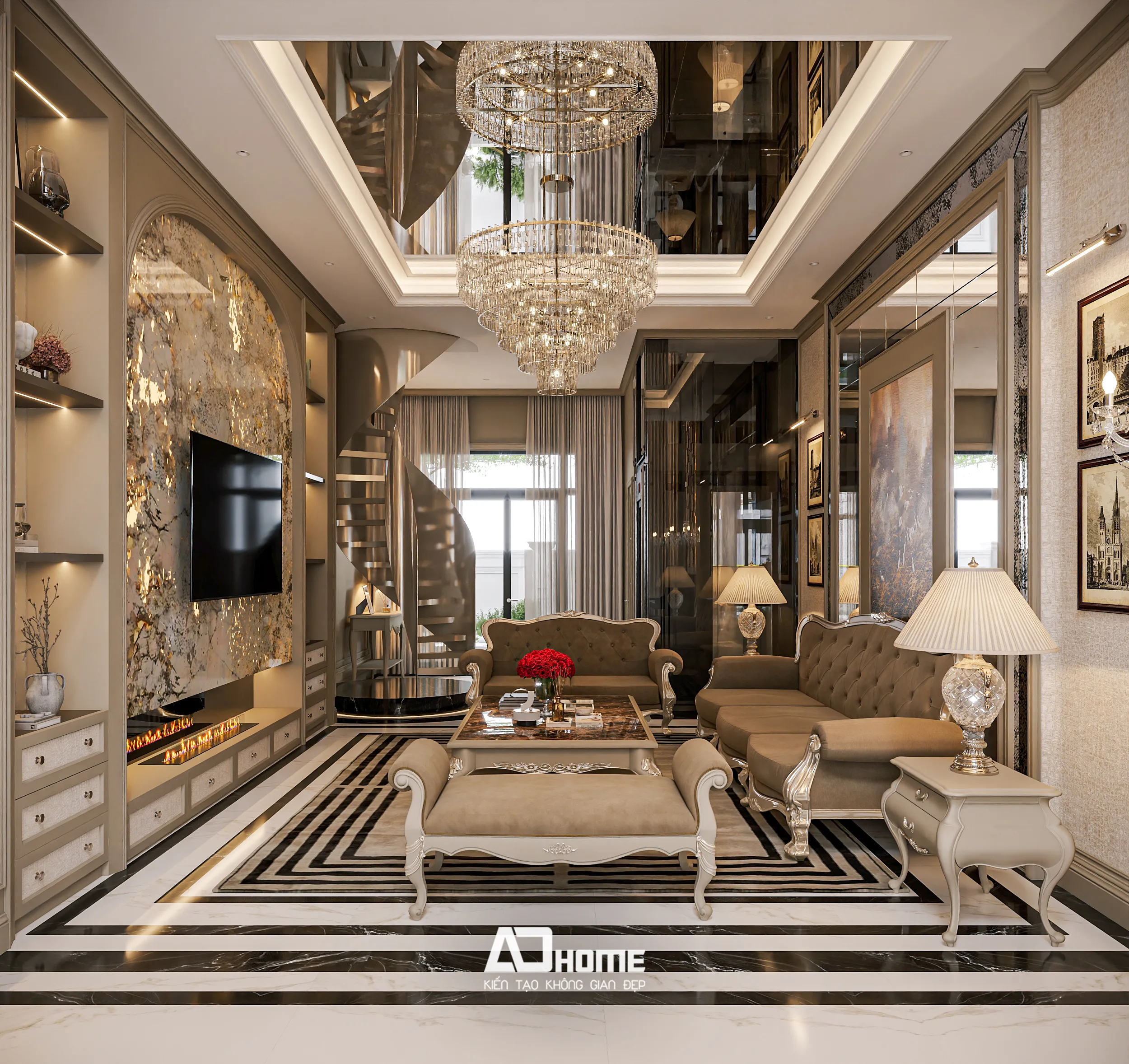 Nội thất luxury tân cổ điển phòng khách phong cách luxury với chi tiết đối xứng và sắc vàng kem quý phái