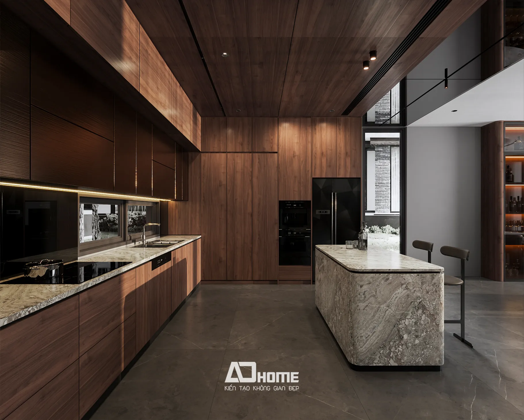 Phòng bếp trong biệt thự phong cách hiện đại với tủ bếp handleless