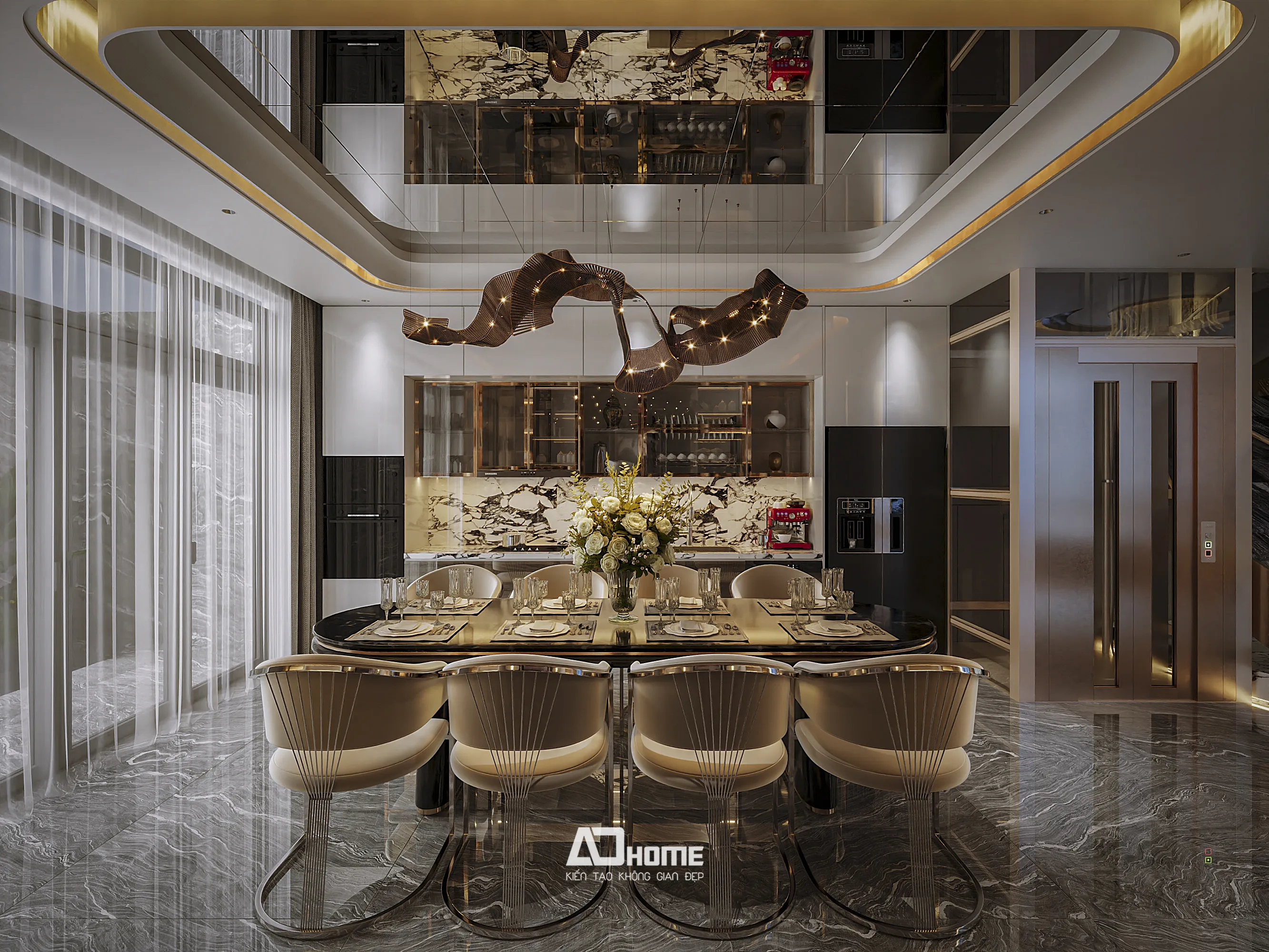 Phòng bếp trang nhã trong mẫu thiết kế nội thất biệt thự đẹp luxury với đảo bếp đá Marble