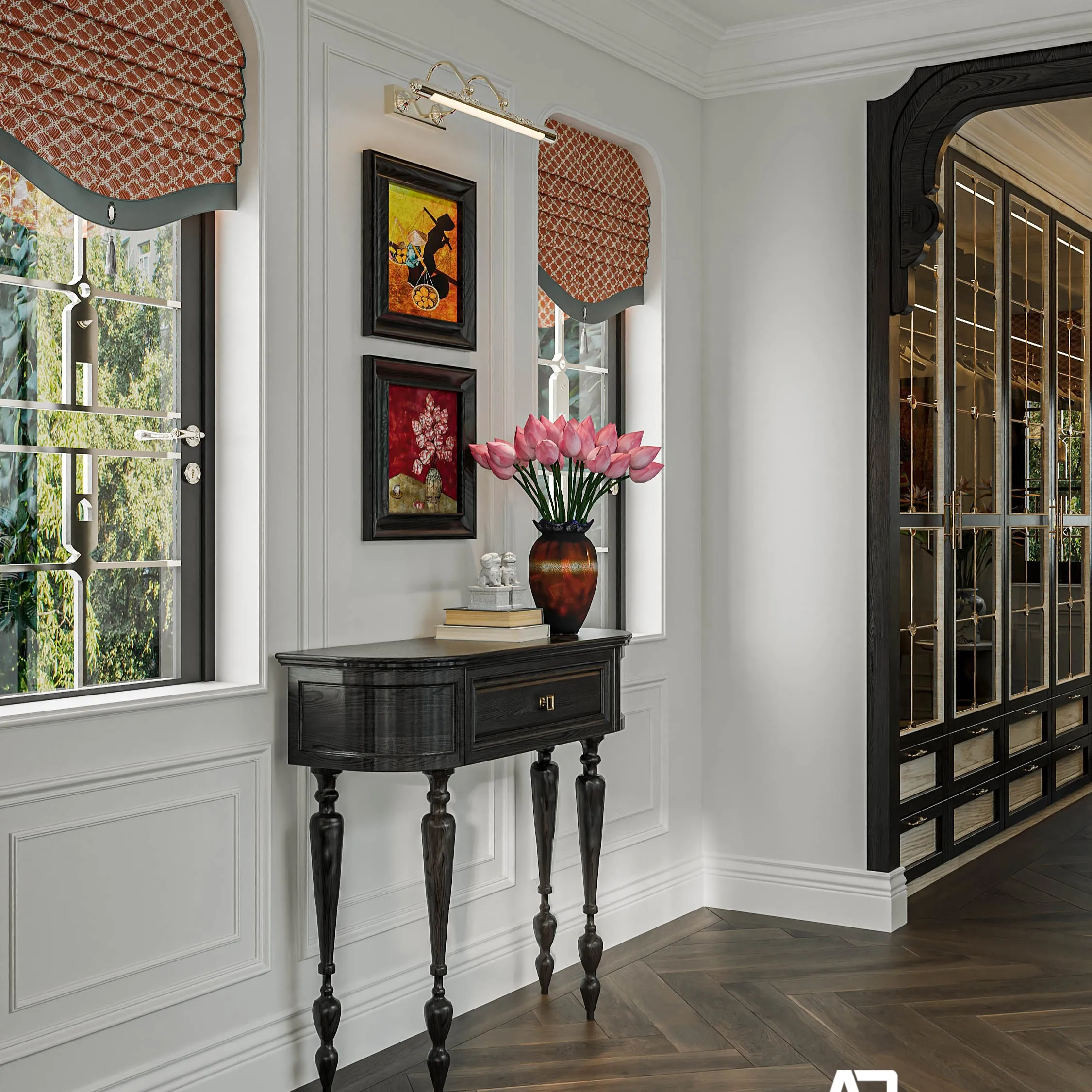 Phong cách indochine với hoa sen và tranh vẽ truyền thống