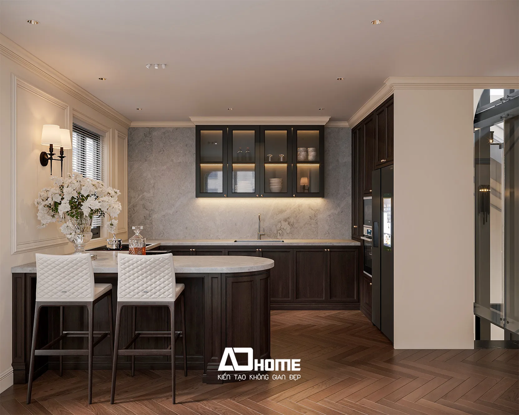 Sự kết hợp hoàn hảo của phong cách nội thất tân cổ điển phòng bếp, mang lại vẻ đẹp tinh tế và cảm giác sum vầy đẳng cấp