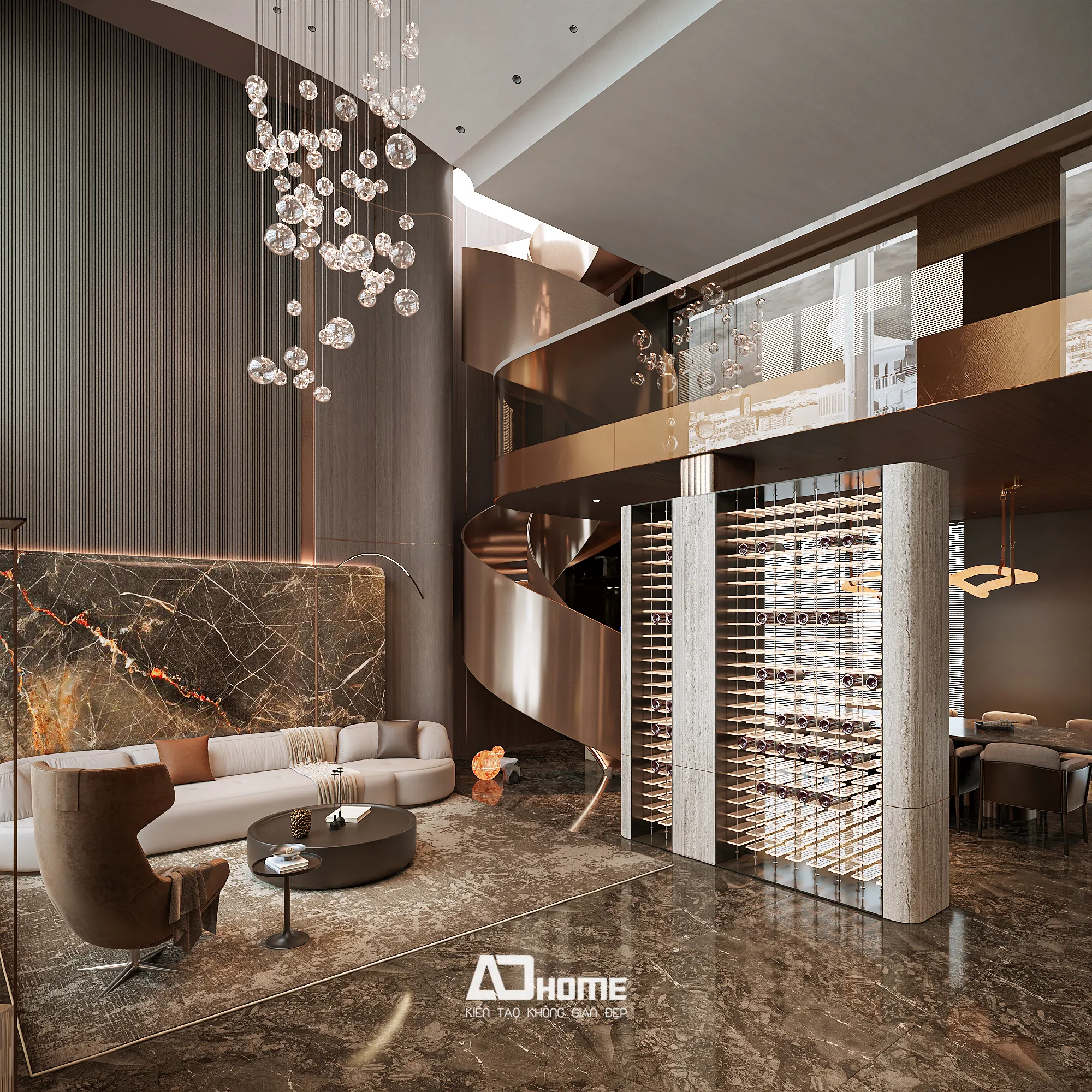 Không gian phòng khách biệt thự thiết kế nội thất hiện đại với đèn chùm pha lê