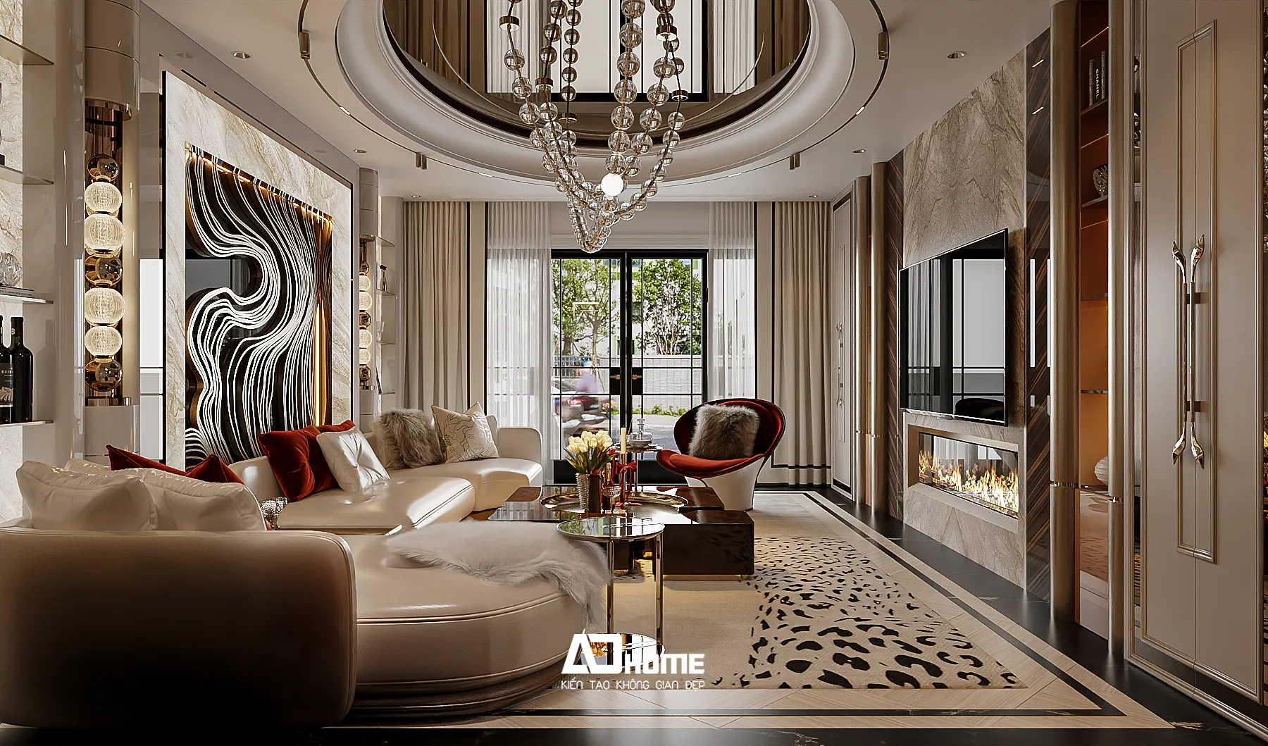 Phòng khách phong cách modern luxury nổi bật với đèn chùm pha lê, sofa da và không gian đẳng cấp