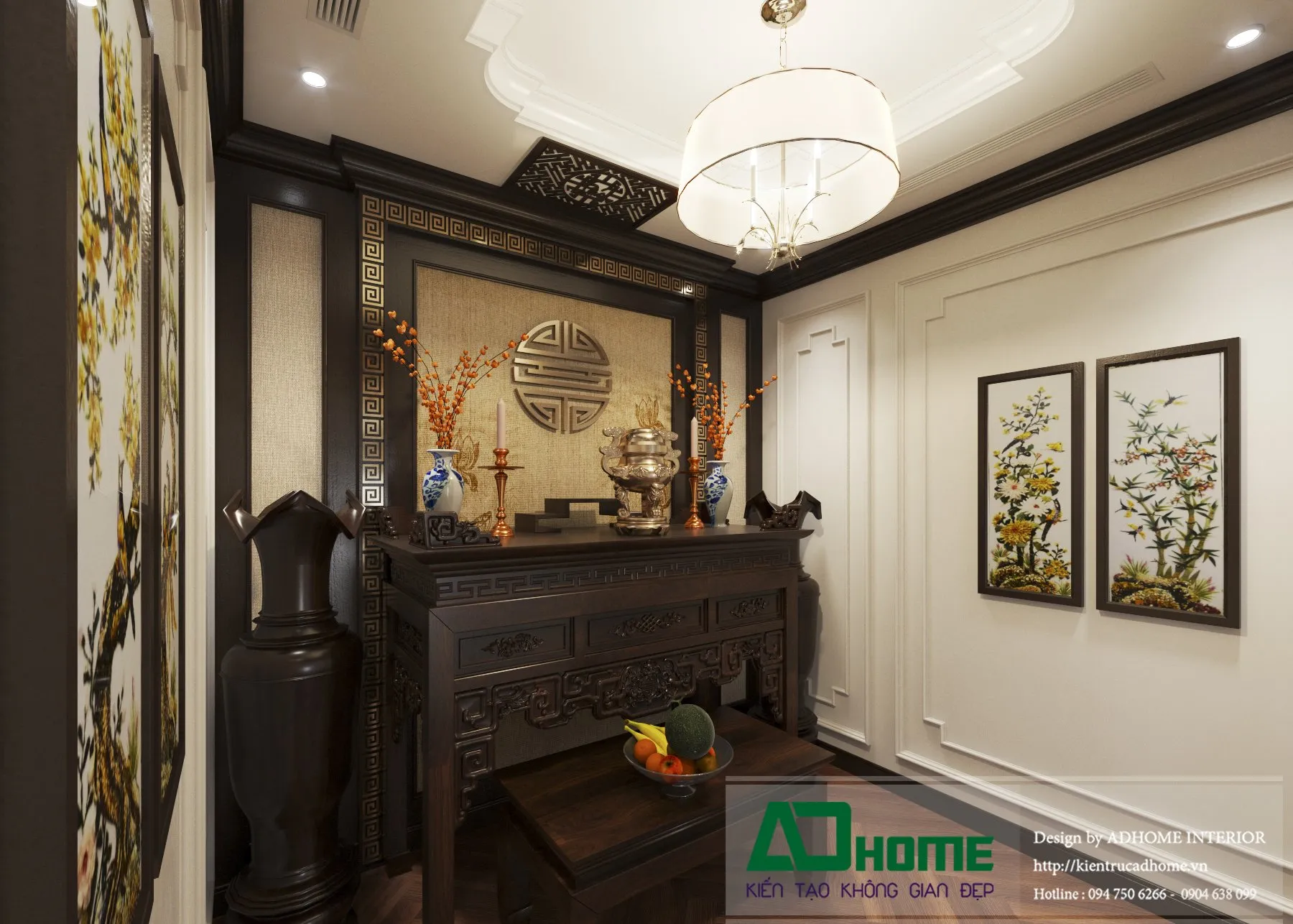 Phòng thờ biệt thự phong cách hiện đại sử dụng gỗ cao cấp tông nâu ấm