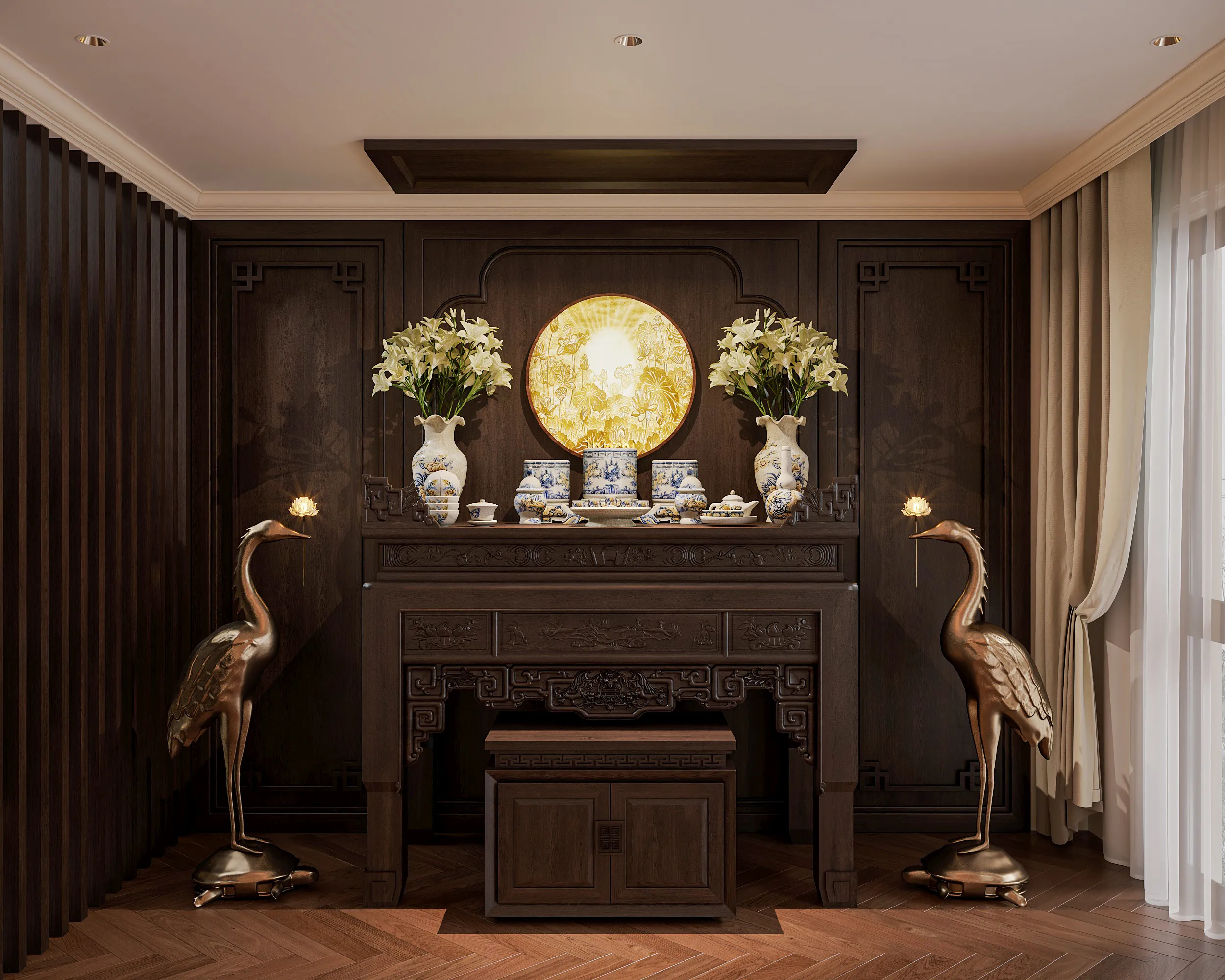 Không gian phòng thờ trong nội thất biệt thự đẹp với gỗ tự nhiên chạm khắc tinh xảo