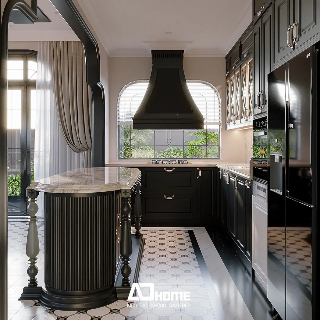 Thi công nội thất phòng bếp Vinhomes phong cách Indochine với gạch bông và gỗ tối màu sang trọng