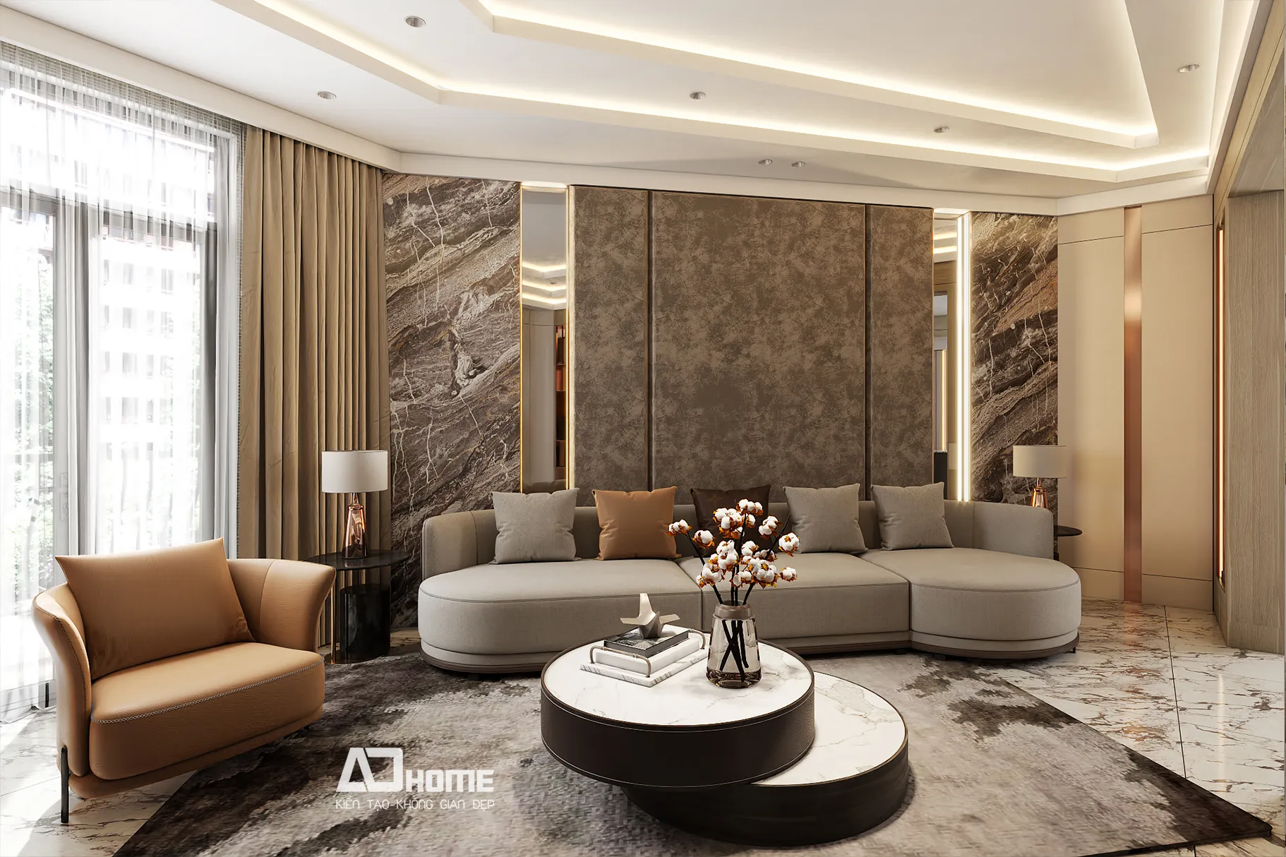 Thiết kế nội thất biệt thự gỗ óc chó kết hợp đá marble trong không gian thiết kế biệt thự hiện đại