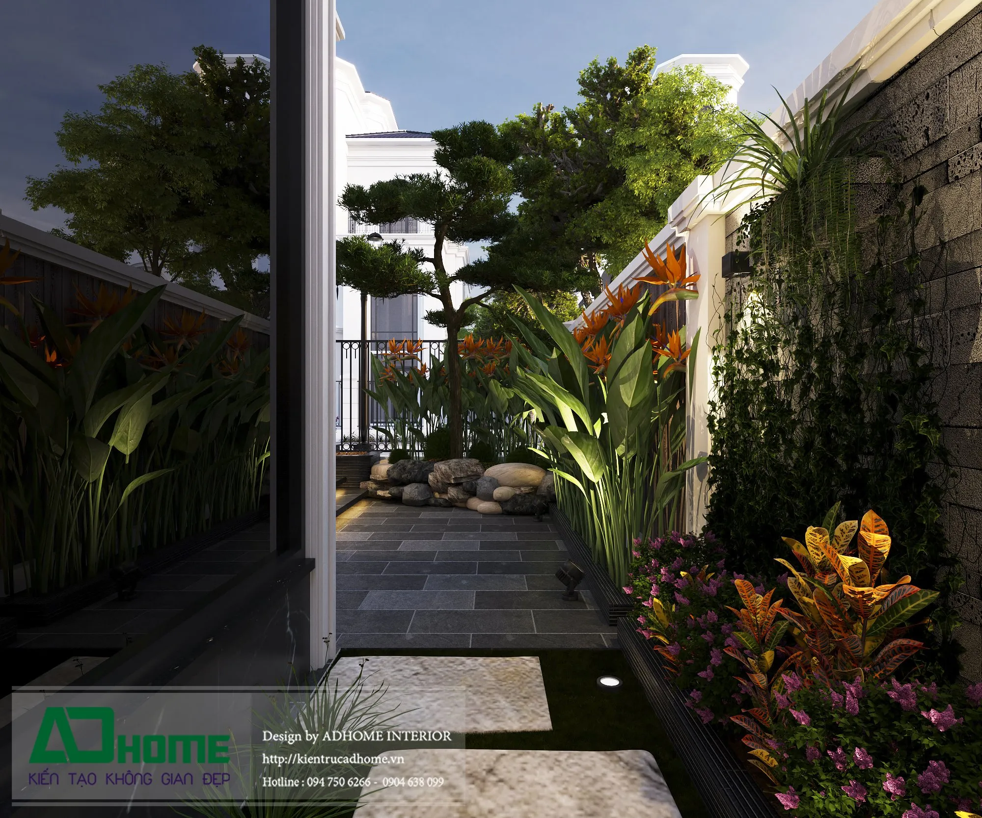 Thiết kế nội thất biệt thự Vinhomes khu vực sân vườn và tiểu cảnh