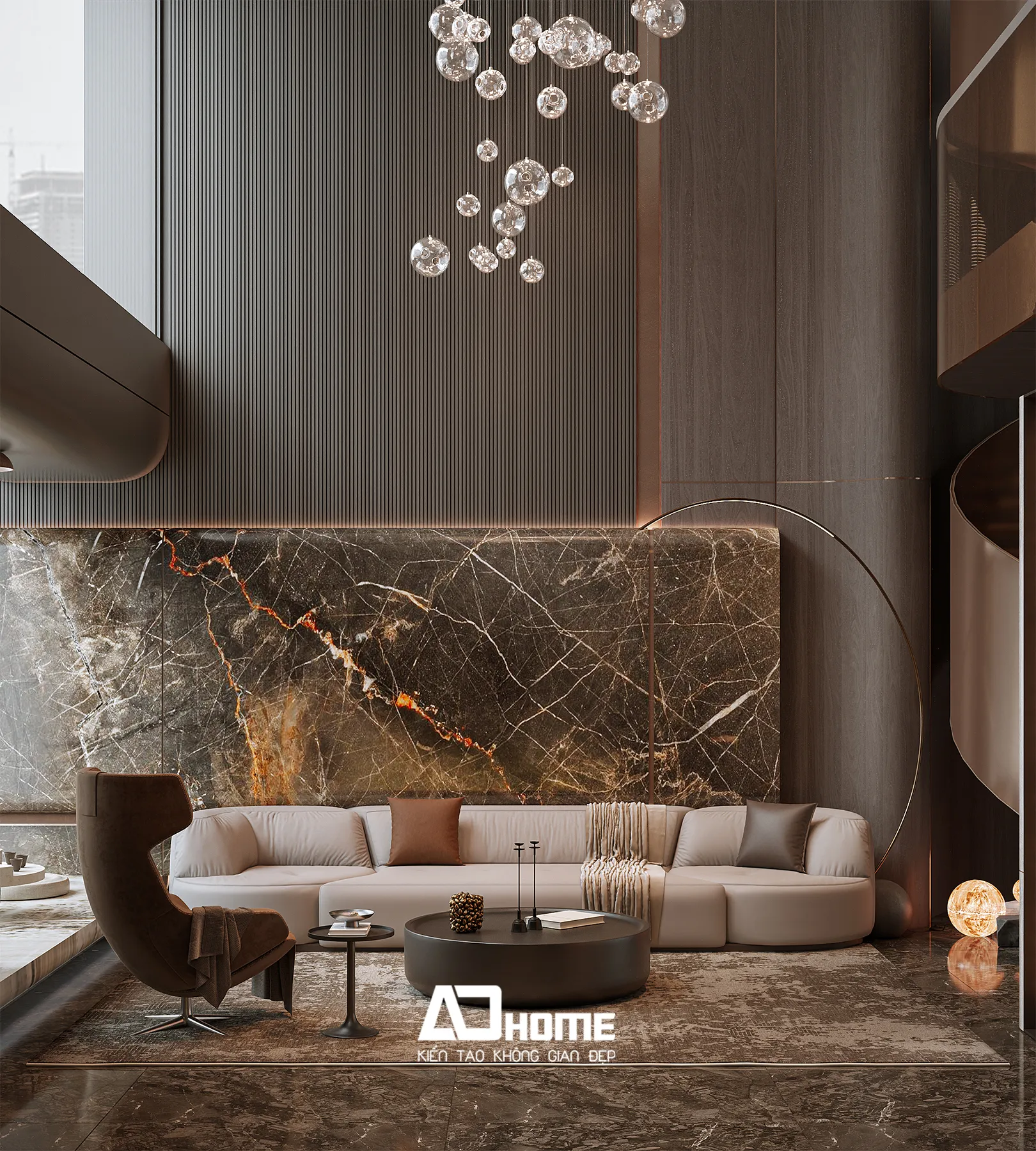 Thiết kế nội thất biệt thự Vinhomes phòng khách sang trọng thông tầng