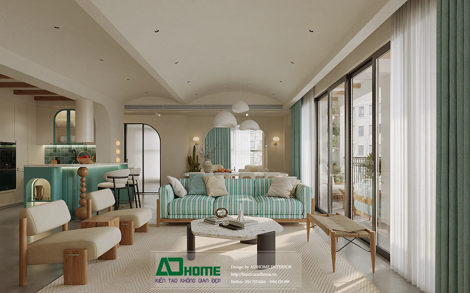 Thiết kế nội thất căn hộ với gam màu xanh và gỗ sáng