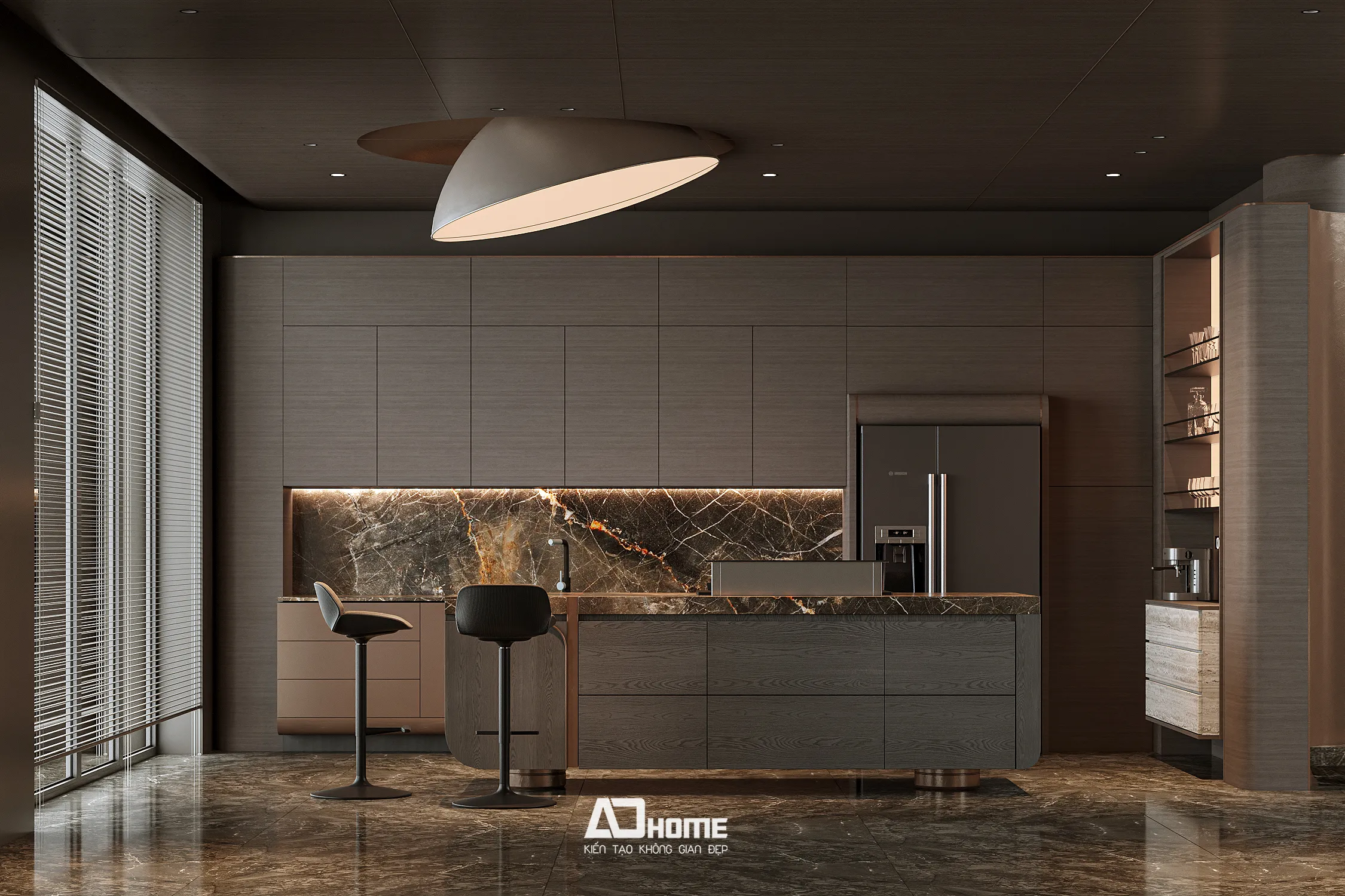 Thiết kế nội thất chung cư Vinhomes khu vực bếp ăn tích hợp tủ