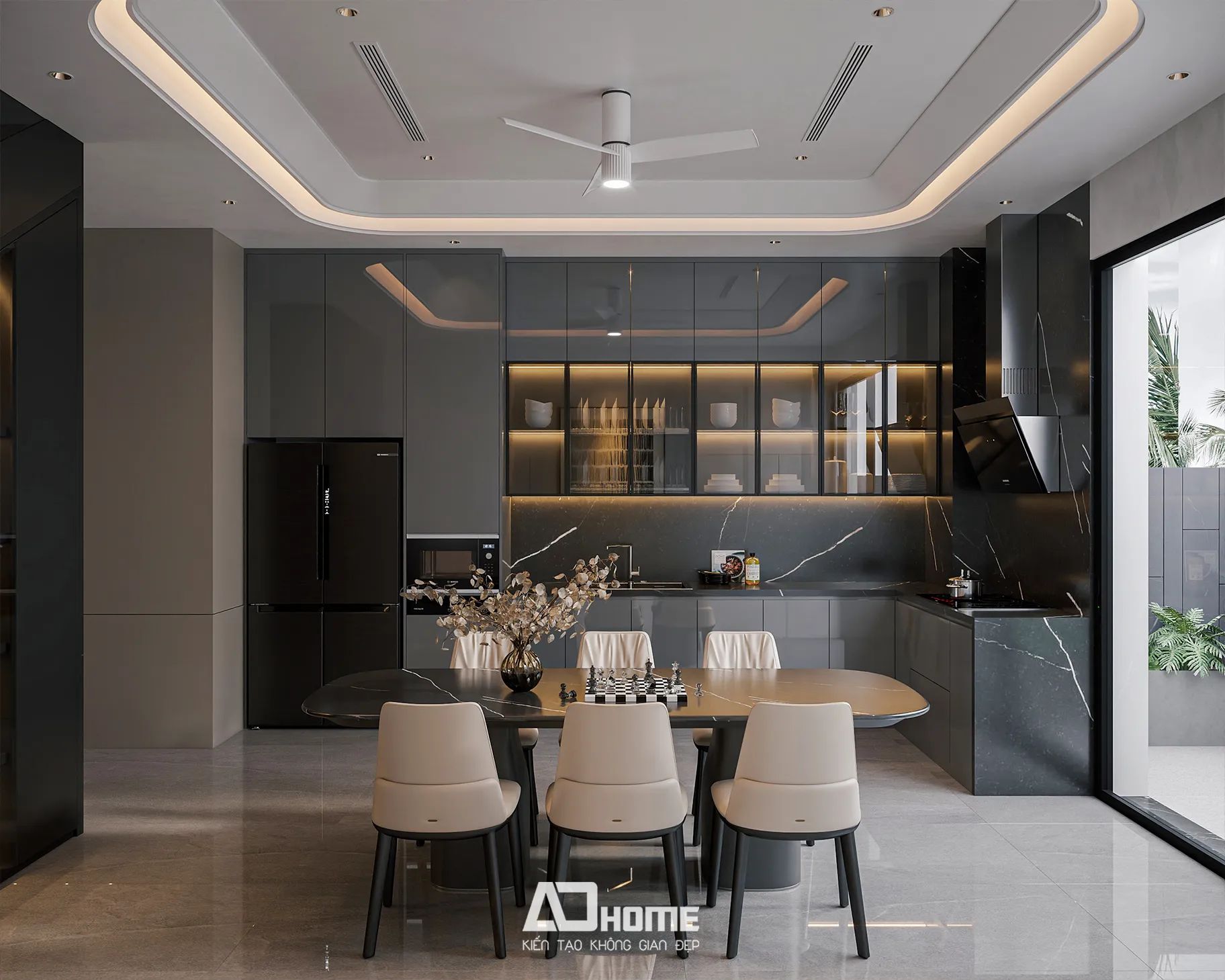 Thiết kế nội thất hiện đại không gian mở phòng khách liền bếp Vinhomes