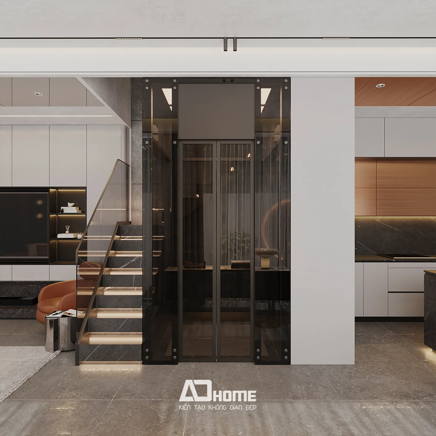 Không gian thiết kế nội thất hiện đại sử dụng kính cường lực và thép không gỉ