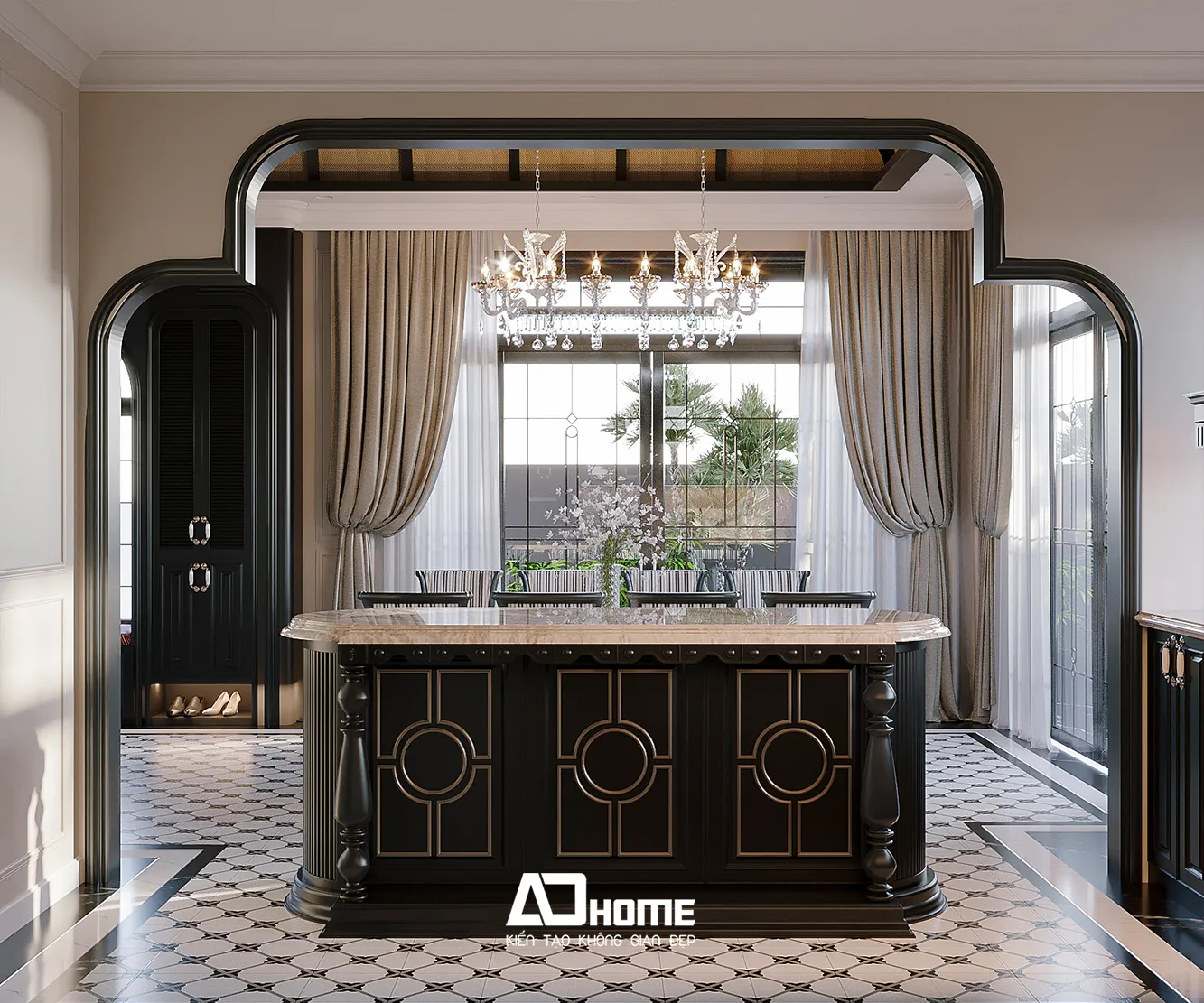 Thiết kế nội thất indochine phòng bếp với tủ gỗ sơn đen mặt đá vicostone mang phong cách đông dương hiện đại