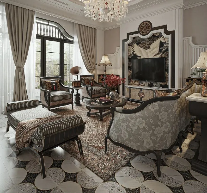 Thiết kế nội thất Indochine phòng khách Đông Dương mang cảm giác thư thái hoài niệm