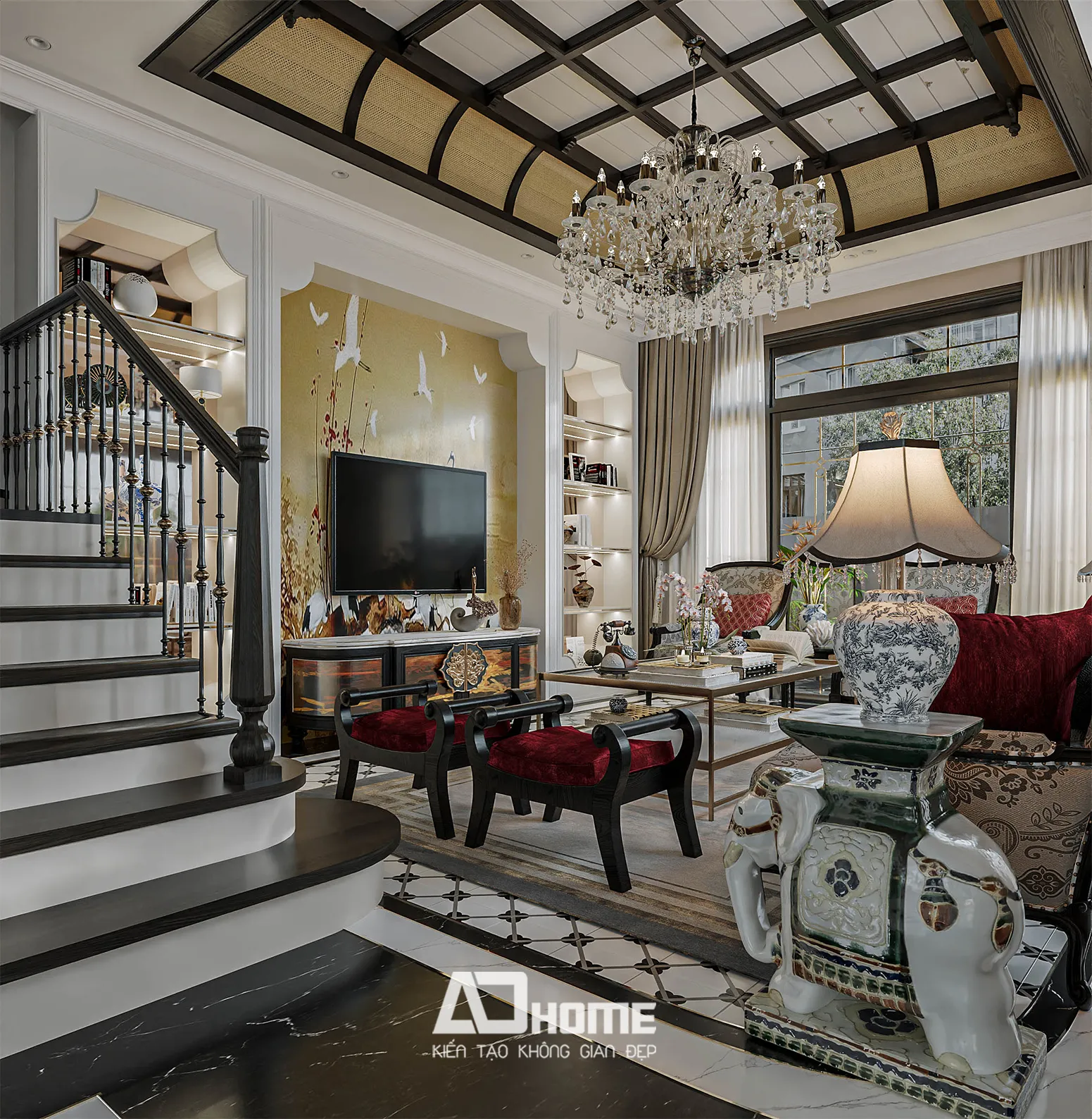 Thiết kế nội thất indochine phòng khách với sofa nhung khung gỗ và quạt trần gỗ