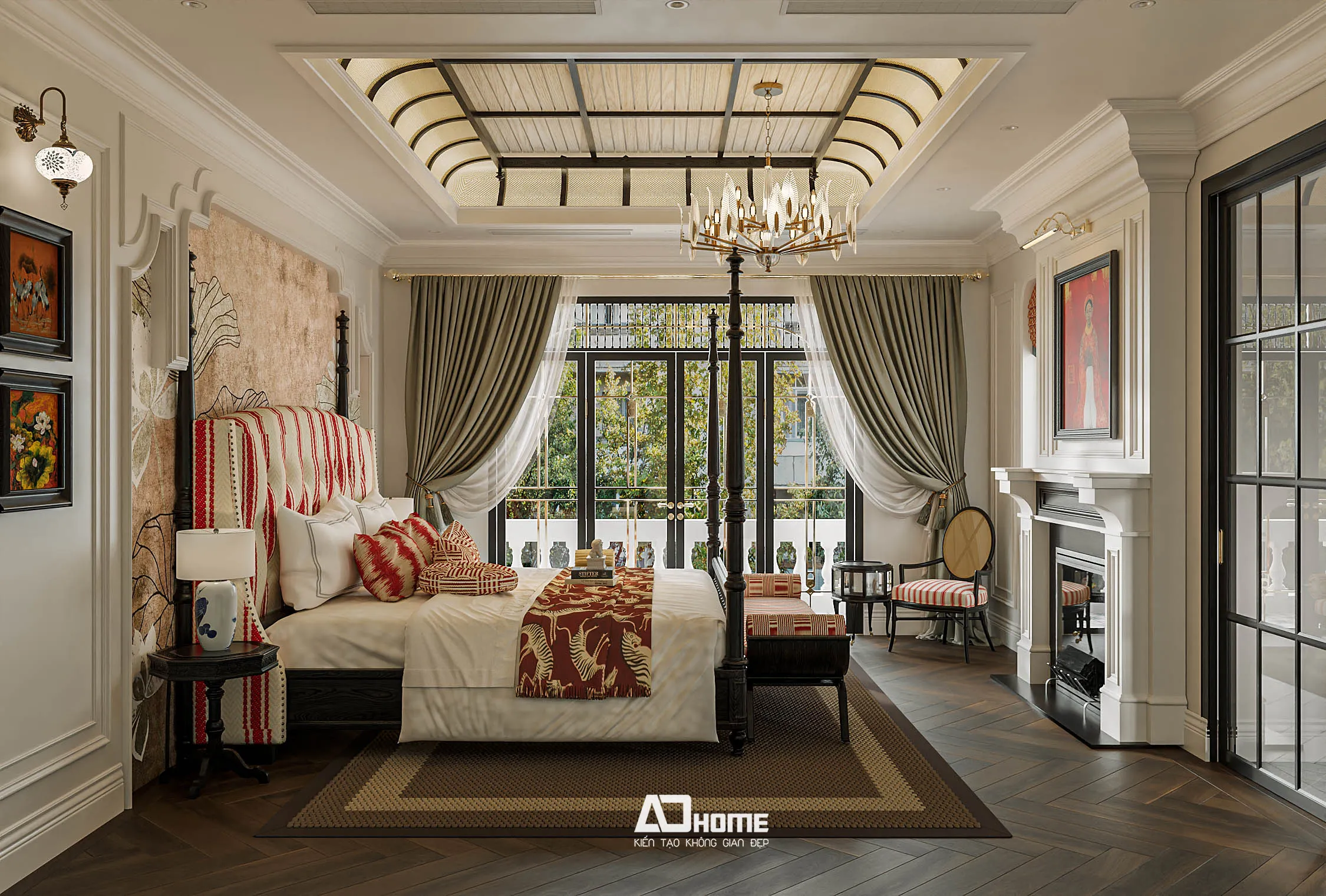 Thiết kế nội thất indochine phòng ngủ với giường gỗ tinh xảo tranh sơn mài và vật liệu tự nhiên