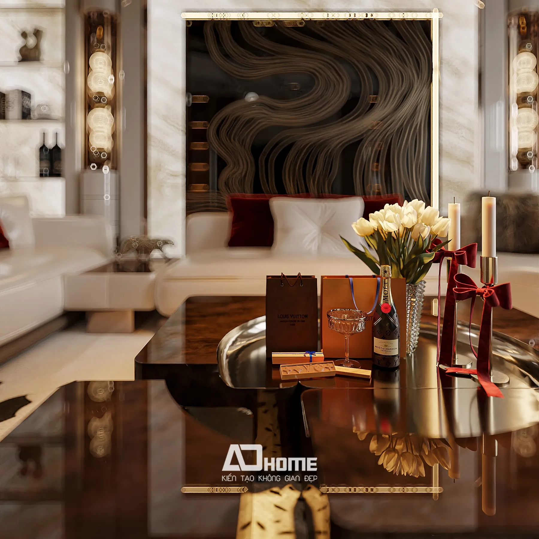 Thiết kế nội thất luxury với bảng màu tương phản hài hòa tạo chiều sâu không gian