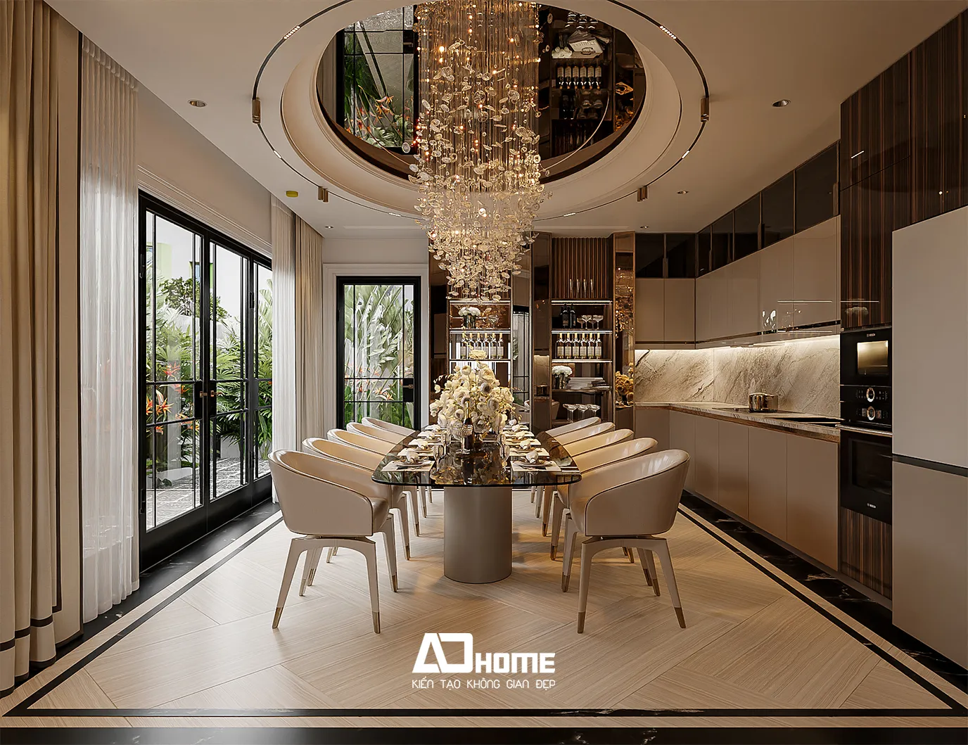 Thiết kế nội thất luxury phòng bếp với vật liệu đá marble và thiết bị bếp âm tủ cao cấp