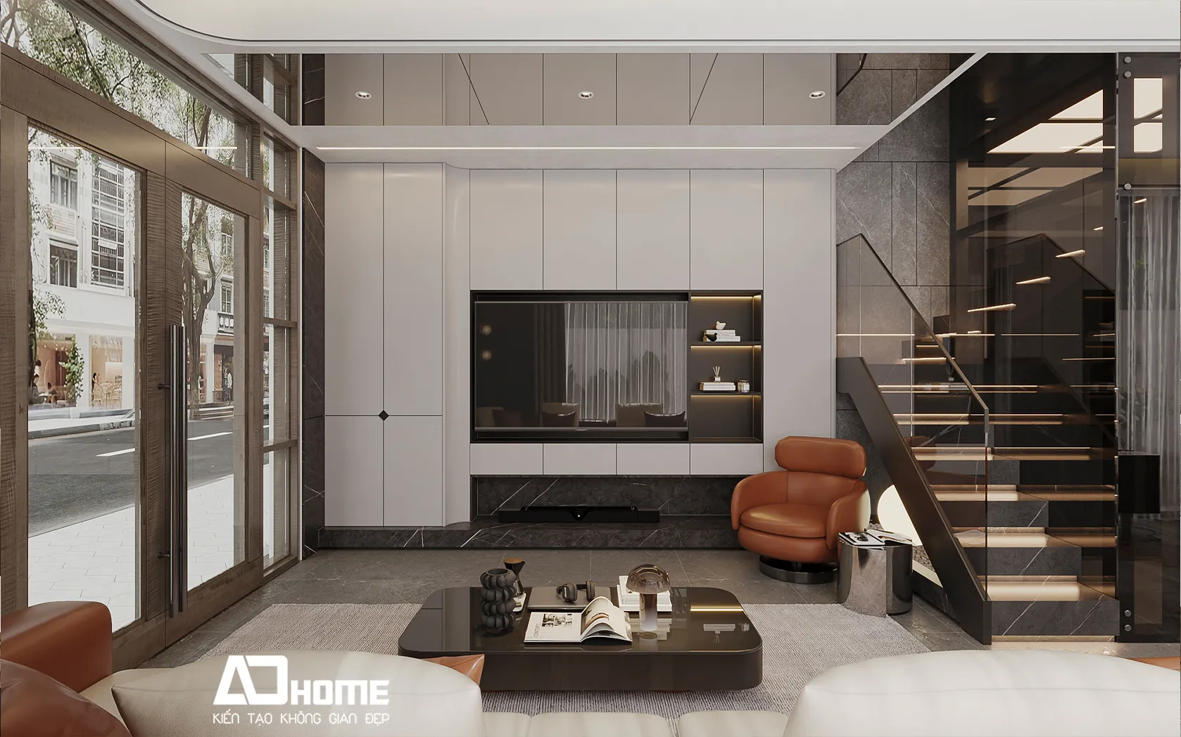 Thiết kế nội thất nhà liền kề Vinhomes Ocean Park hiện đại với tông màu sáng và cửa kính lớn