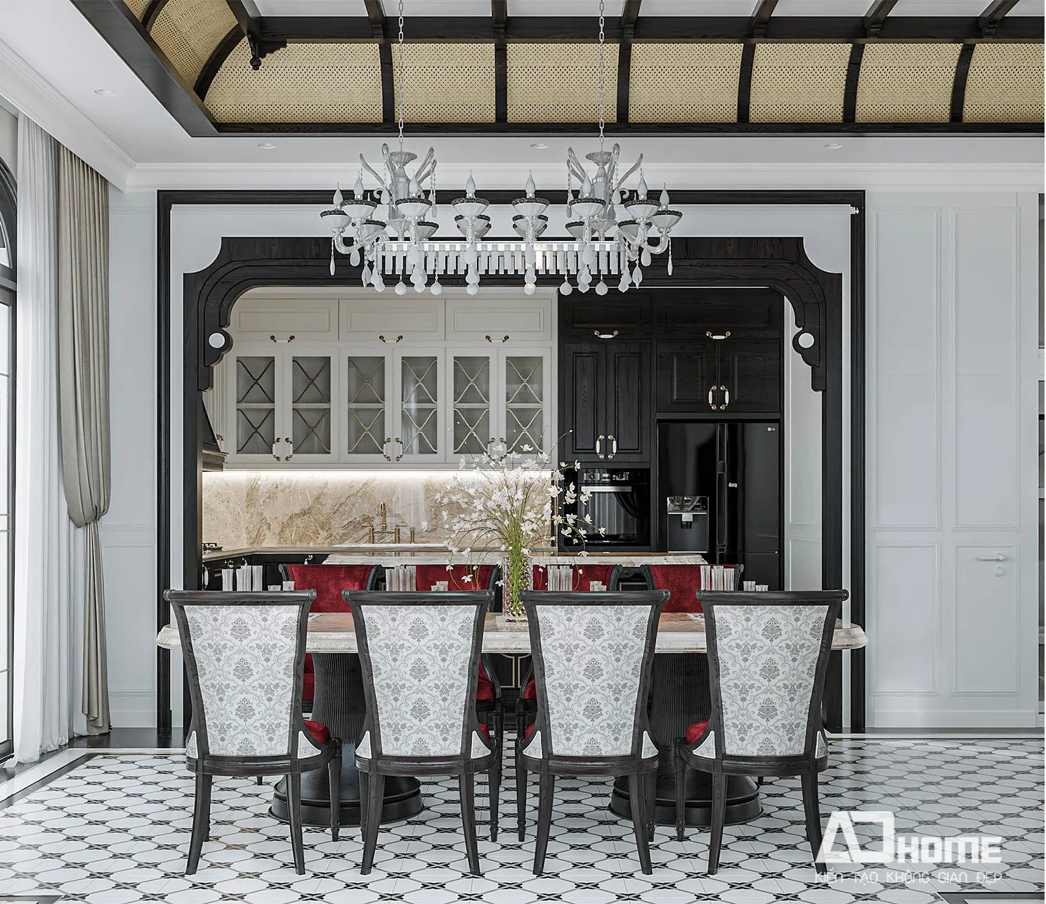 Nội thất phòng bếp biệt thự indochine ấm cúng kết hợp phòng ăn