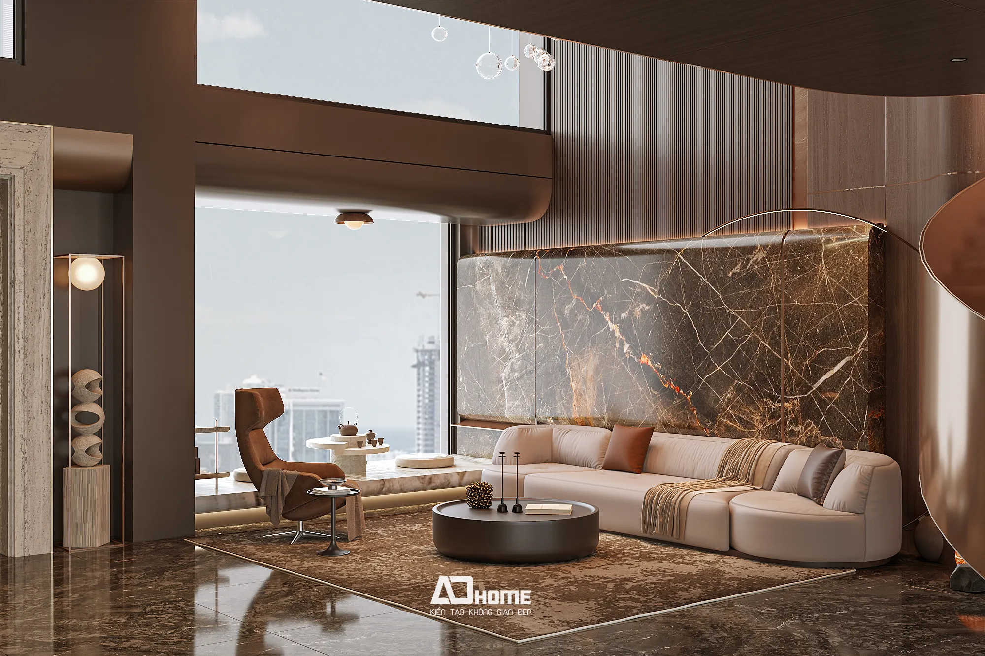 Thiết kế nội thất biệt thự với phòng khách biệt thự sang trọng, sofa gỗ óc chó và không gian thông tầng