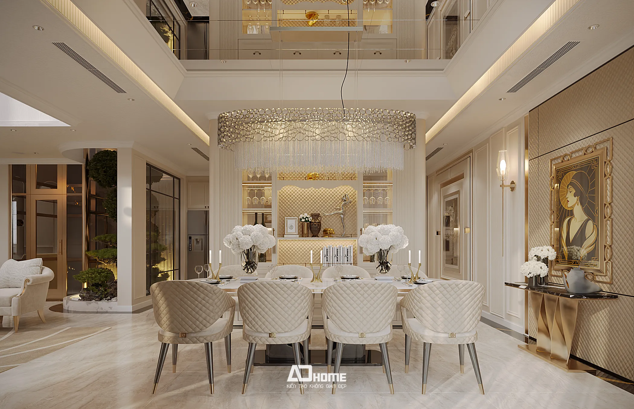 Mẫu thiết kế nội thất tân cổ điển (neo classic) với sự kết hợp bậc thầy giữa đường phào chỉ tinh xảo và đồ nội thất có hình khối đơn giản của phong cách đương đại (Contemporary)