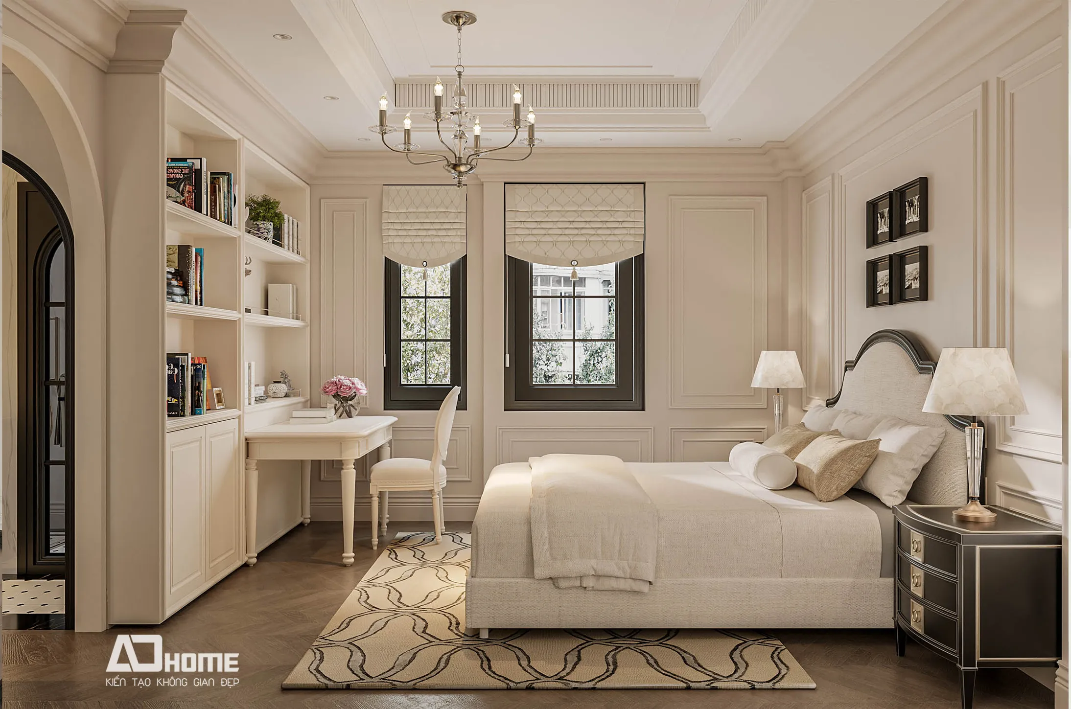 Mẫu thiết kế nội thất tân cổ điển (neo classic) sử dụng bảng màu trung tính nhã nhặn, tạo nền tảng hoàn hảo cho không gian sống