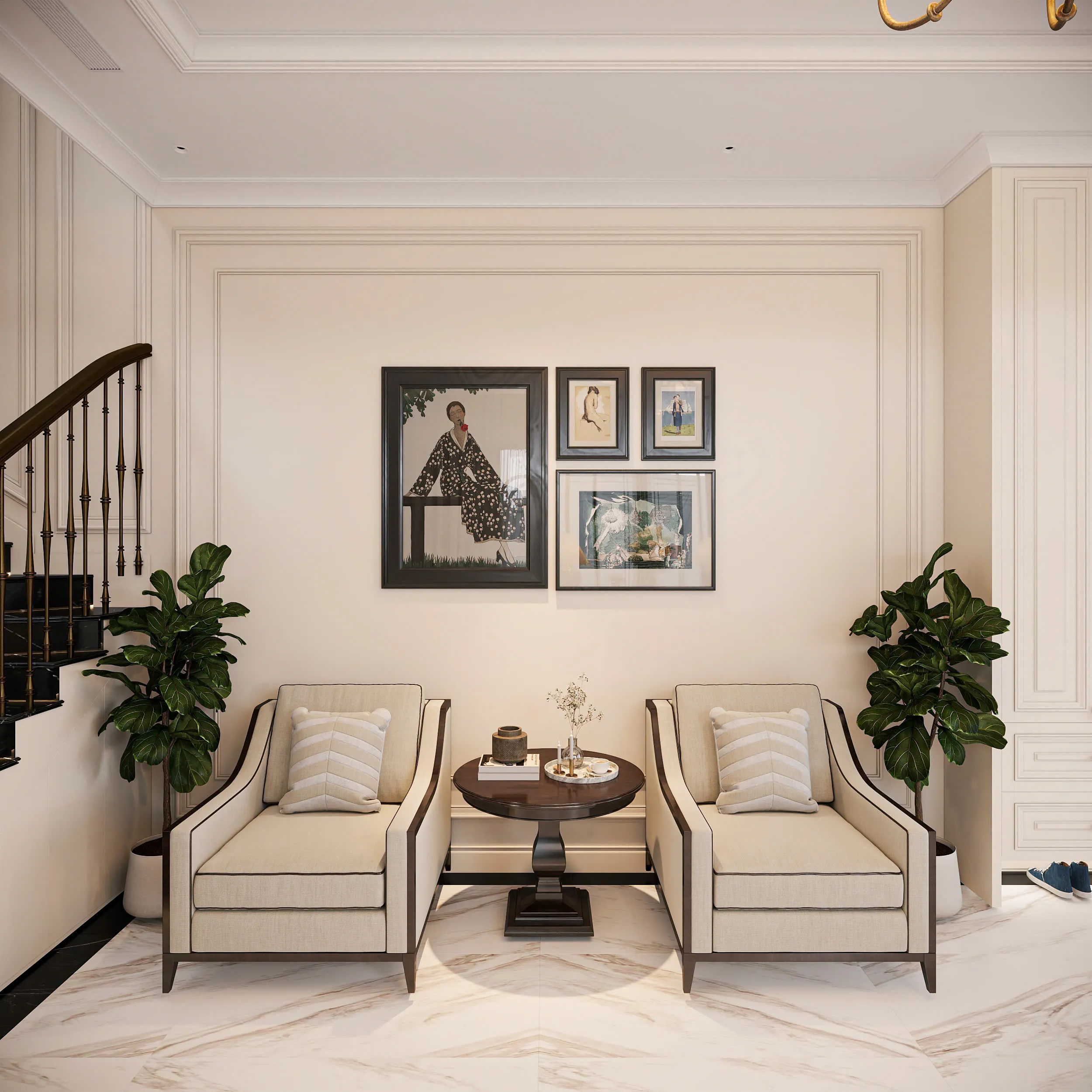 Thiết kế nội thất tân cổ điển (neo classic) tuân thủ tỷ lệ vàng đối xứng, tạo nên không gian sống ngăn nắp, cân bằng và sang trọng