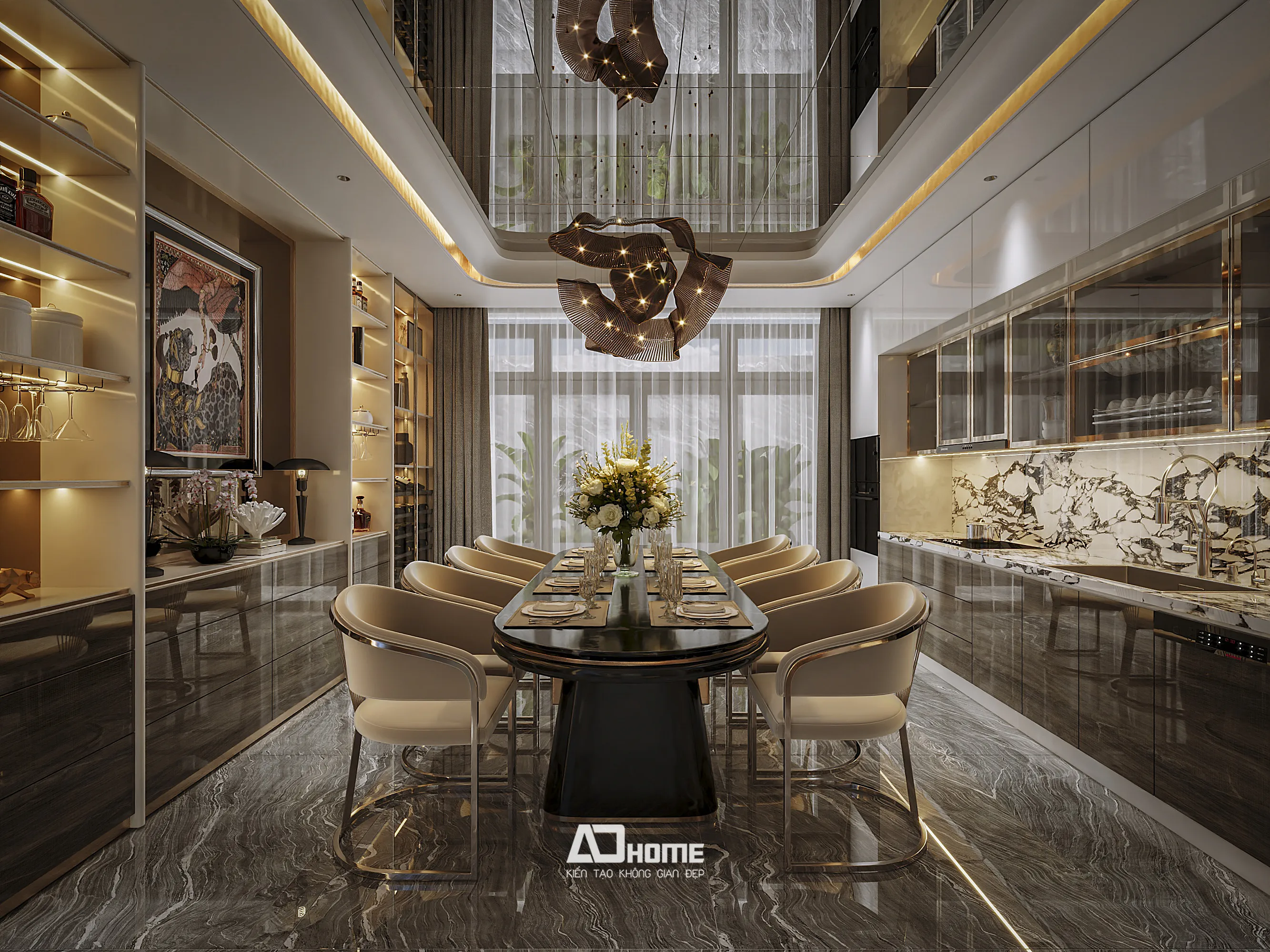 Thiết kế nội thất Vinhomes phòng bếp đảo hiện đại tăng kết nối không gian sống