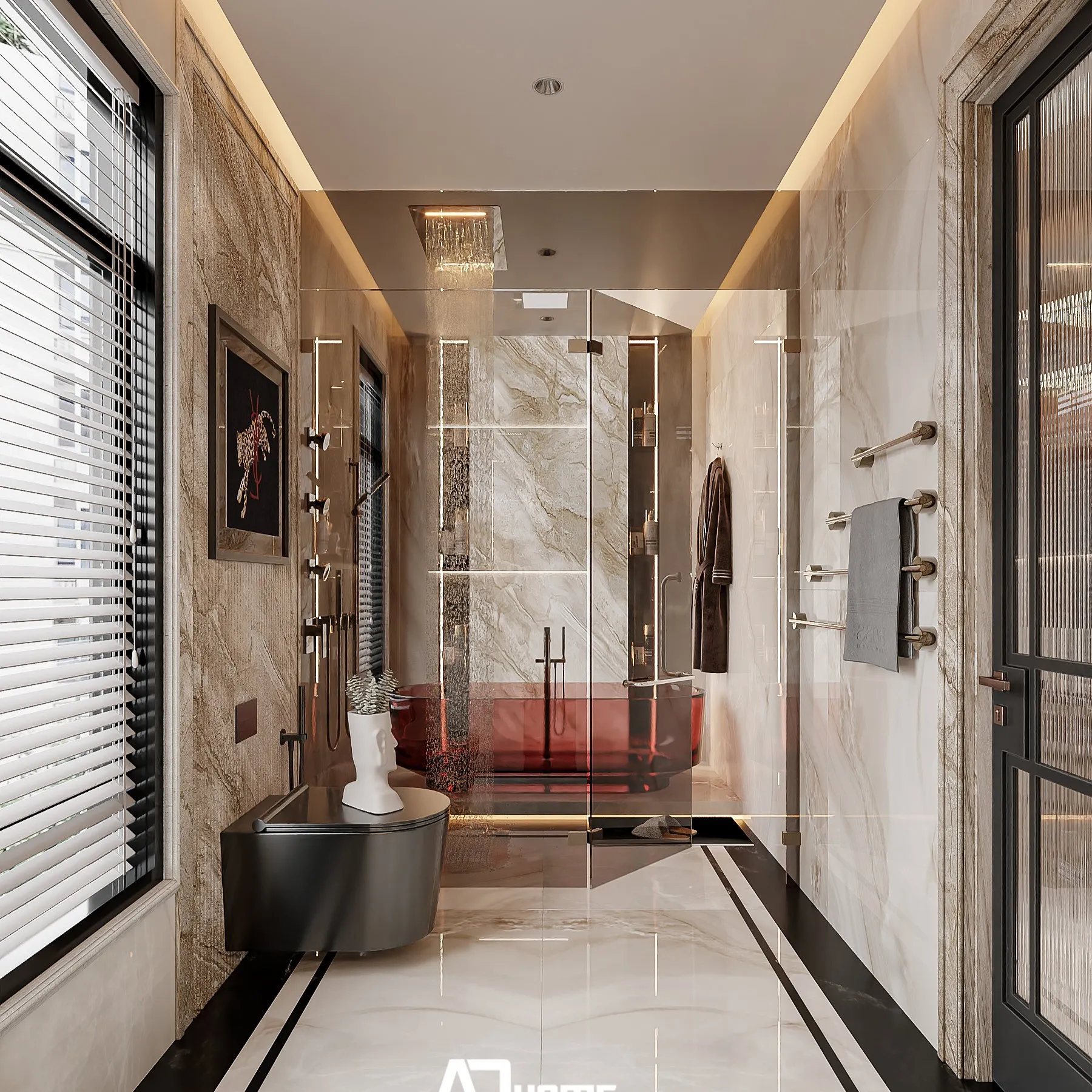 Thiết kế phòng tắm luxury với bồn tắm độc lập phong cách nội thất luxury thư giãn