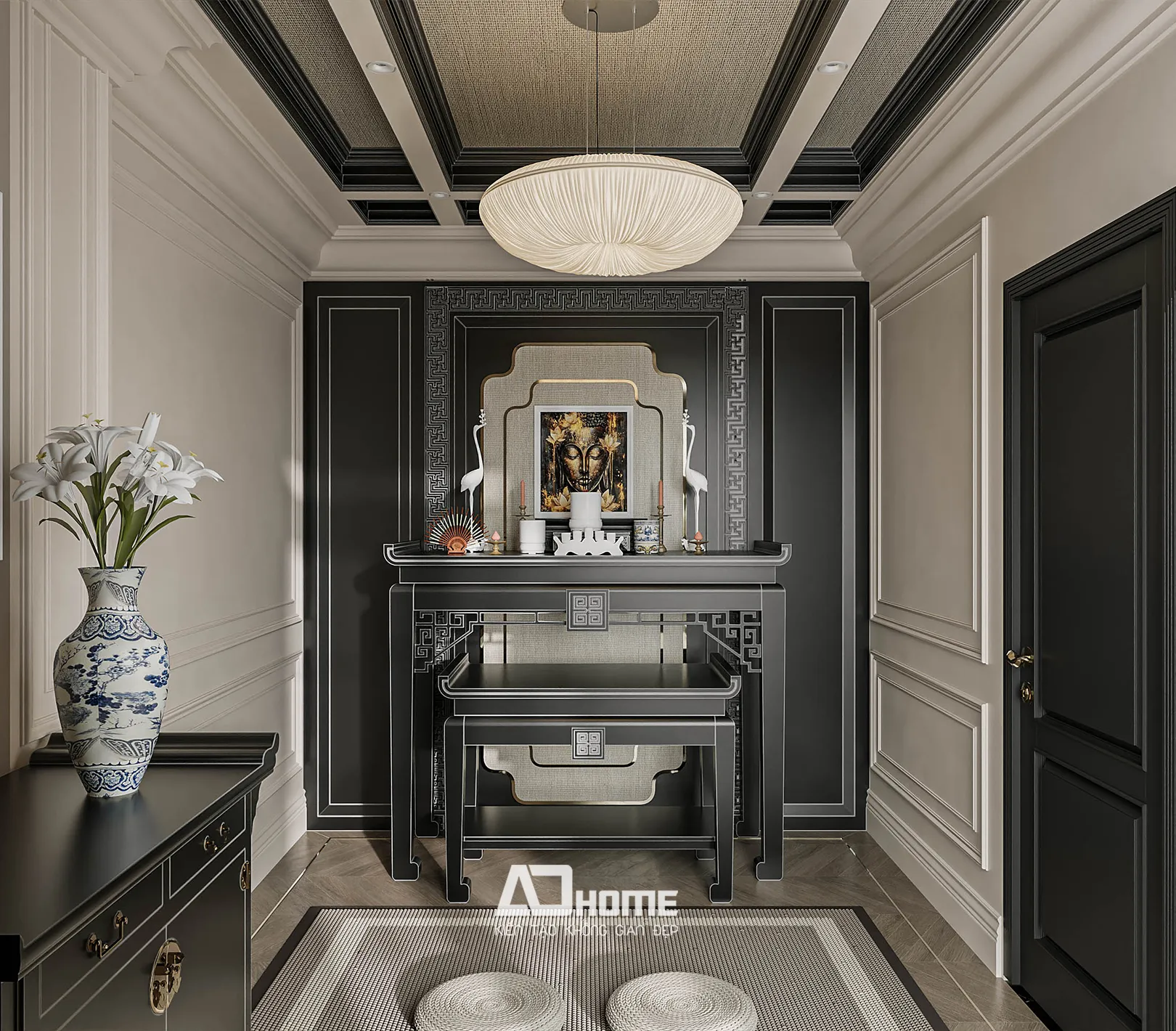 Thiết kế phòng thờ nhà liền kề Vinhomes bằng gỗ tự nhiên, bố trí chuẩn phong thủy