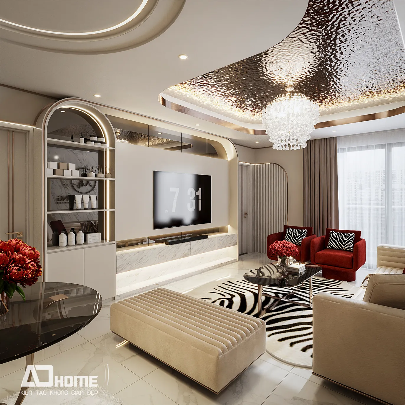 Vật liệu cao cấp trong phong cách nội thất luxury với marble và kim loại PVD